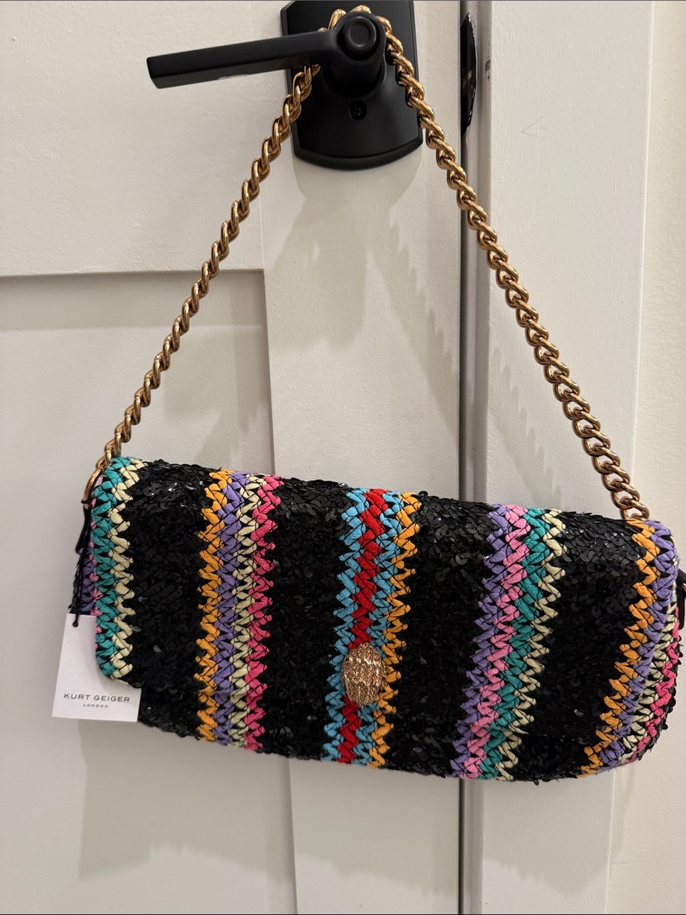 Kurt Geiger Black Multicolor Sequin Stripe Chain Shoulder Bag